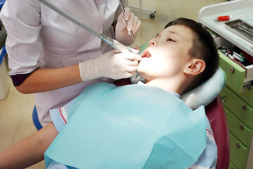 Image showing Dentist examining boy mouth