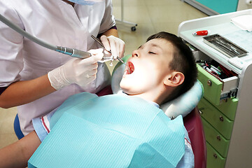 Image showing Dentist examining boy mouth