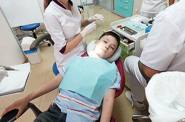 Image showing Dentist examining boy mouth