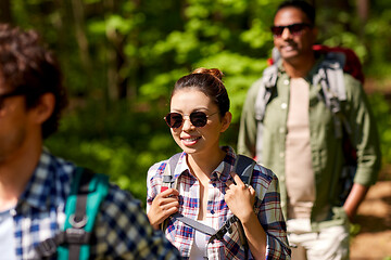 Image showing group of friends with backpacks hiking in forest