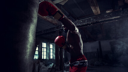 Image showing Hand of boxer over black background. Strength, attack and motion concept