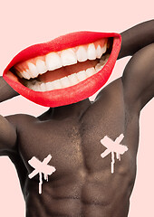 Image showing Collage in magazine style with happy emotions and female lips instead of head.