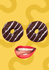 Image showing Funny art collage. Donuts eyes with red lips.