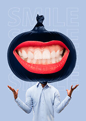 Image showing Collage in magazine style with happy emotions and female lips instead of head.