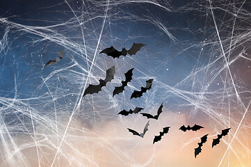 Image showing black bats over starry night sky and spiderweb