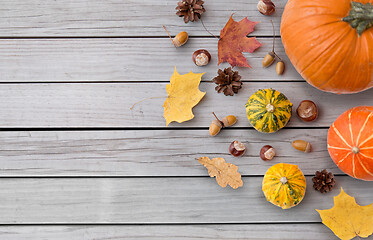 Image showing autumn leaves, chestnuts, acorns and pumpkins