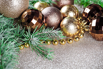 Image showing Christmas decorations and evergreen fir tree branch.