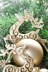 Image showing Christmas decorations and evergreen fir tree branch.