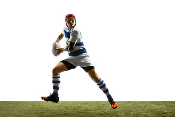 Image showing The silhouette of one caucasian rugby man player isolated on white background