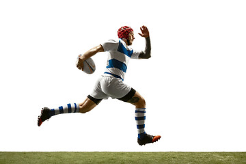 Image showing The silhouette of one caucasian rugby man player isolated on white background