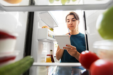 Image showing woman making list of necessary food at home fridge