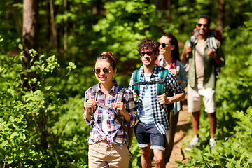 Image showing group of friends with backpacks hiking in forest