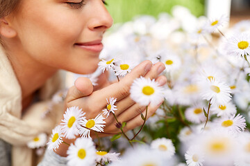 Image showing close up of happy woman smelling chamomile flowers