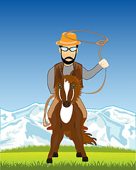 Image showing Nature and man cowpuncher with lasso on horse
