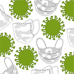 Image showing Defensive medical masks and coronavirus decorative pattern