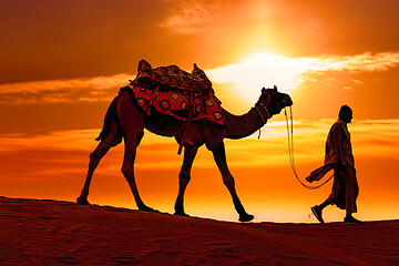 Image showing Cameleers, camel Drivers at sunset. Thar desert on sunset Jaisal