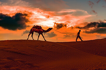 Image showing Cameleers, camel Drivers at sunset. Thar desert on sunset Jaisal