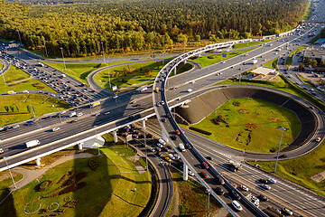 Image showing Aerial view of a freeway intersection traffic trails in Moscow.