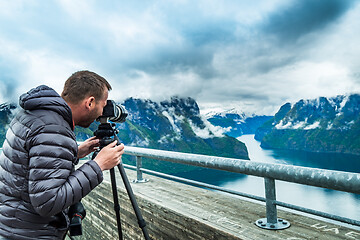 Image showing Nature photographer Stegastein Lookout Beautiful Nature Norway.