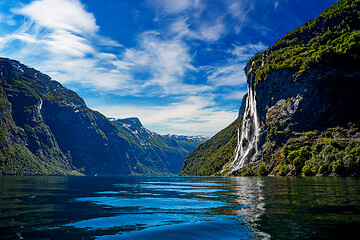 Image showing Geiranger fjord, waterfall Seven Sisters. Beautiful Nature Norwa
