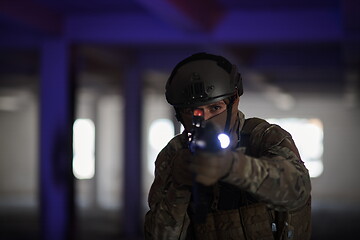 Image showing modern warfare soldier in urban environment battlefield