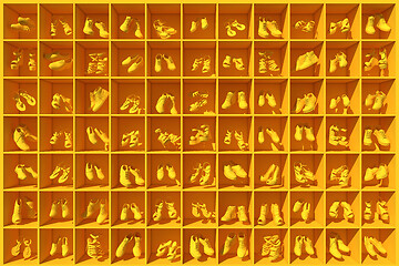 Image showing 3D render of a shelf full of shoes levitating in cells