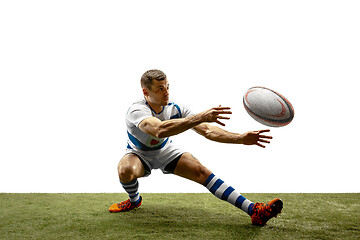 Image showing The silhouette of one caucasian rugby man player isolated on white background