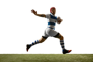 Image showing The silhouette of one caucasian rugby man player isolated on white background