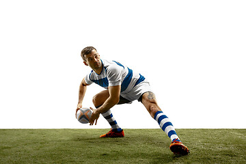 Image showing The silhouette of one caucasian rugby man player isolated on white background