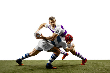 Image showing The silhouette of two caucasian rugby male players isolated on white background