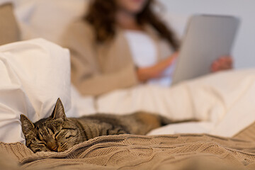 Image showing tabby cat sleeping in bed with woman at home