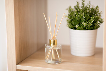 Image showing aroma reed diffuser and pot flower on wooden shelf