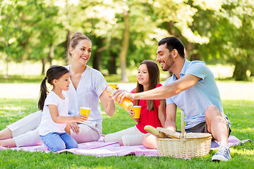 Image showing family drinking juice on picnic at summer park