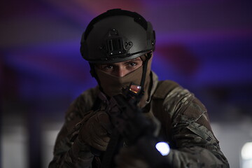 Image showing modern warfare soldier in urban environment battlefield