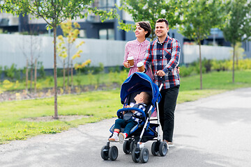 Image showing family with baby in stroller and coffee in city