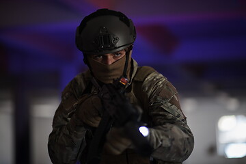 Image showing modern warfare soldier in urban environment battlefield