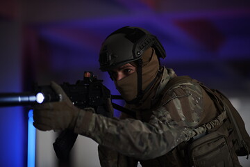 Image showing modern warfare soldier in urban environment battlefield