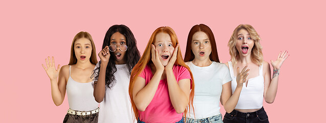 Image showing Portrait of young people on pink coral studio background, collage