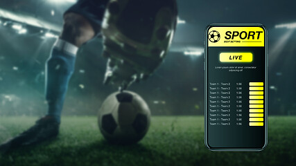 Image showing Smartphone screen with mobile app for betting and score, sportsman on background