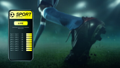 Image showing Smartphone screen with mobile app for betting and score, sportsman on background