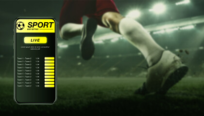 Image showing Smartphone screen with mobile app for betting and score, sportsman on background