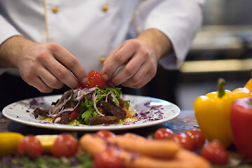 Image showing cook chef decorating garnishing prepared meal