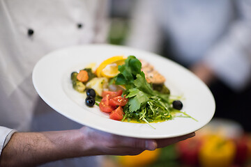 Image showing Chef hands holding dish of fried Salmon fish fillet