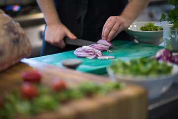 Image showing Chef  hands cutting the onion with knife