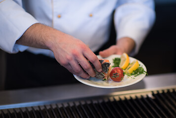 Image showing chef hands cooking grilled salmon fish