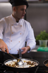 Image showing chef preparing food, frying in wok pan