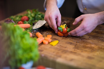 Image showing closeup of Chef hands preparing beef steak