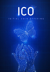 Image showing ICO initial coin offering hud banner with hands and butterfly