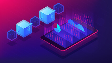 Image showing Isometric blockchain white paper and ICO analysis concept.