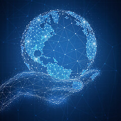 Image showing Blockchain technology futuristic hud banner with globe in a hand